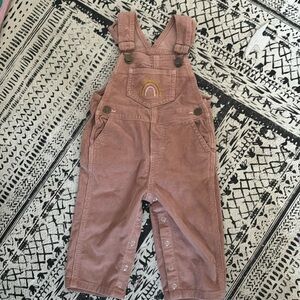 Dusty Rose Corduroy Wild Wawa Overalls with hand stitched rainbow 6-12M